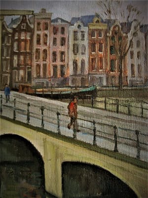 Ronald Terpstra - Sfeervol olieverf "Amsterdam de Magere Brug over de Amstel" gesigneerd kopen? Bied vanaf 60!