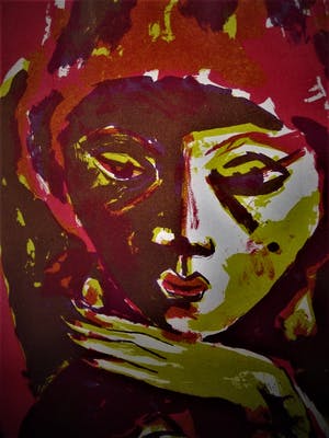 Flip van der Burgt - Mooie grote 1e druk Kleurhoutsnede "Vrouw met doek" gesigneerd kopen? Bied vanaf 10!