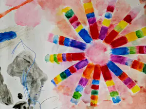 AcheterJef Diederen - Grote aquarel en pastelkrijt "rainbow star" met opdracht "voor Bert Schierbeek"? Enchérissez de 80!