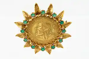 Opvallend Venezuela 1959 "Native Chief Terepaima" munt/montuur met 12 smaragdjes verkocht voor € 410!