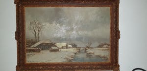 H.M. Voerman - Winterlandschap met boerderijen aan vaart met brug kopen? Bied vanaf 250!