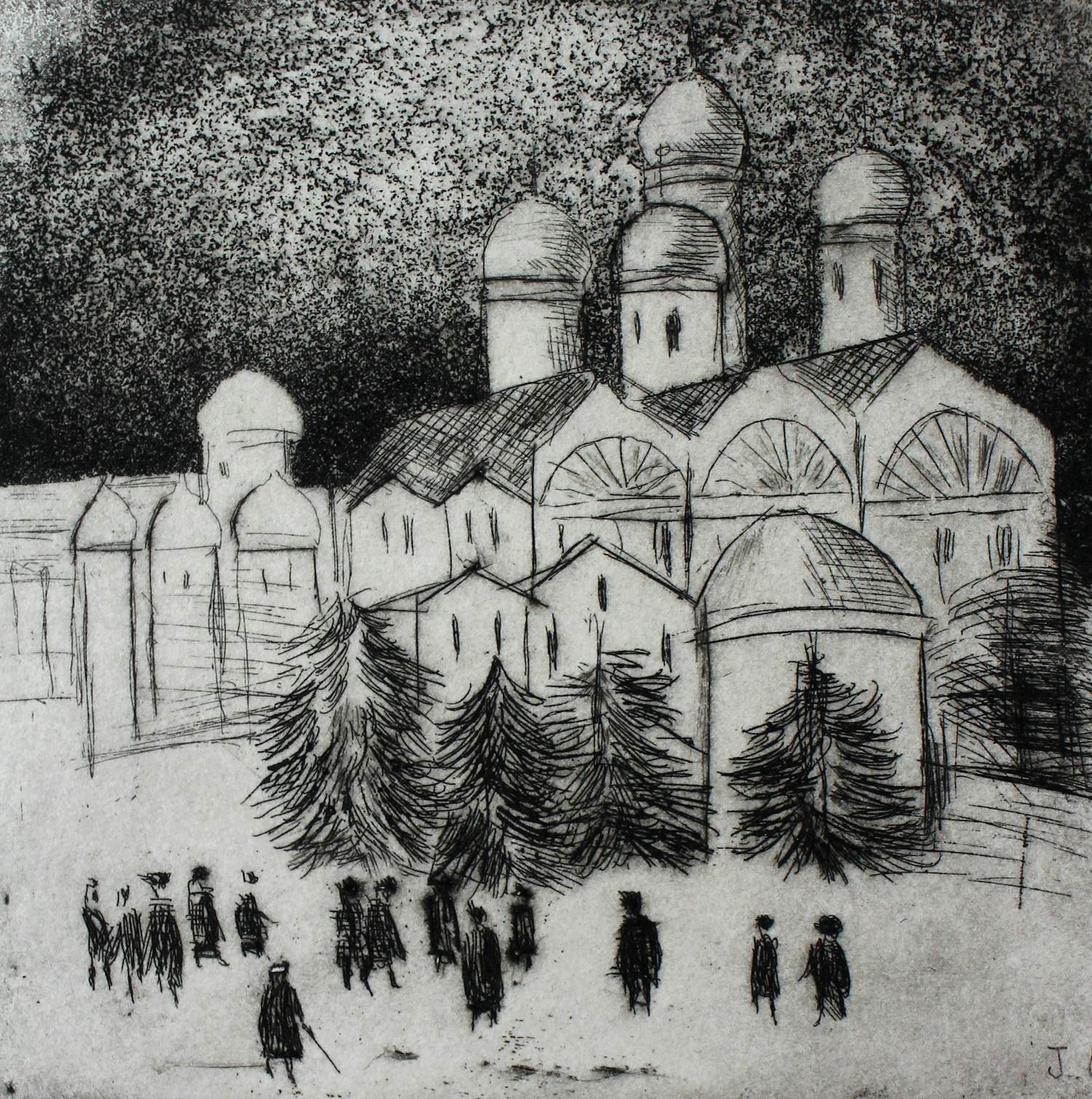 Jeanne Bieruma Oosting - Ets: 'Een winter in Rusland', Kremlin bij avond - 1970 (uniek, gesigneerd!) verkocht voor € 250!