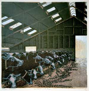 Wendelien Schonfeld - Stal Hollak met regen - houtsnede 1/30 verkocht voor € 125!