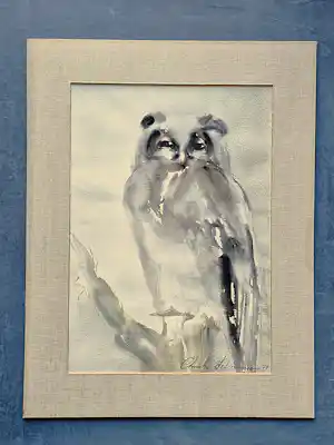 Christel Selmouni - grote in 1997 geschilderde sepia / aquarel op papier "Uil op tak" kaufen? Bieten Sie von 43!
