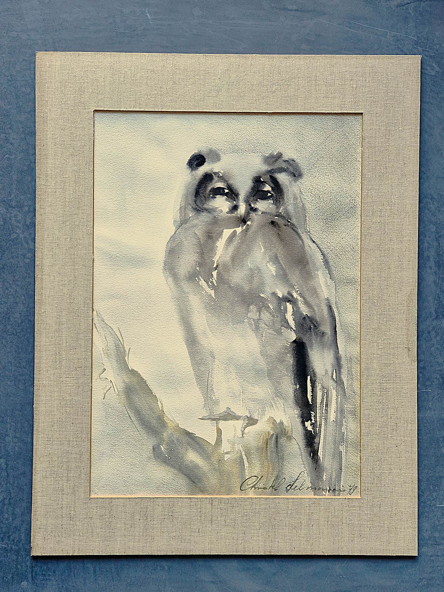 Christel Selmouni - grote in 1997 geschilderde sepia / aquarel op papier "Uil op tak" kopen? Bied vanaf 43!