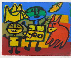 Corneille - Zeefdruk, Figuren met vogel en kat bij maanlicht - Ingelijst kopen? Bied vanaf 250!