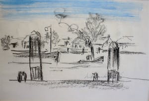Andre van der Vossen - krijttekening van een landschap met vaart kopen? Bied vanaf 100!