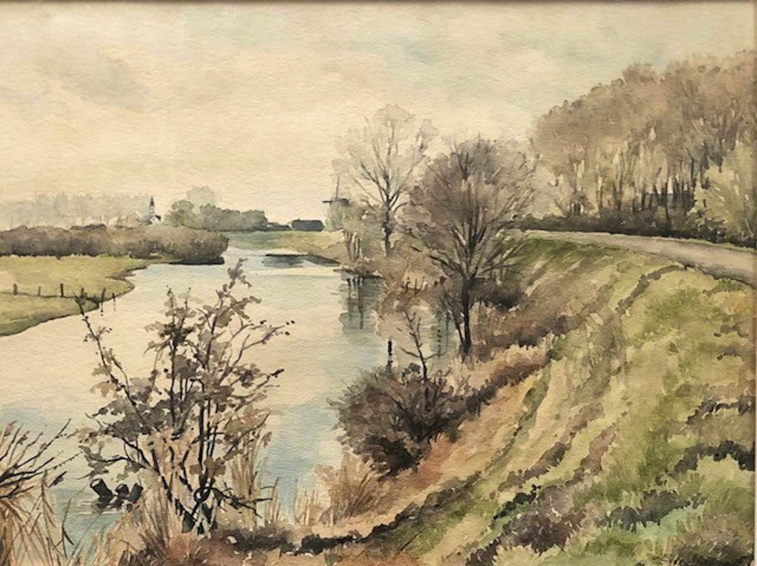 Lies Veenhoven - Waaldijk bij Neerrijnen - Aquarel kopen? Bied vanaf 1!