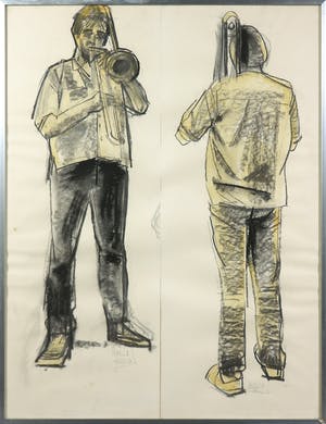Margot Hudig-Heldring - Houtskool en aquarel, Voor- en achterkant van een muzikant - Ingelijst kopen? Bied vanaf 1!