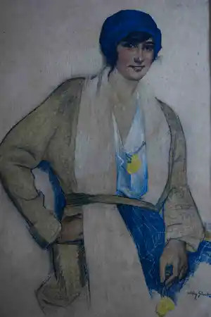Willy Sluiter - litho - Jonge vrouw met blauw hoedje en gele bloem verkocht voor € 75!