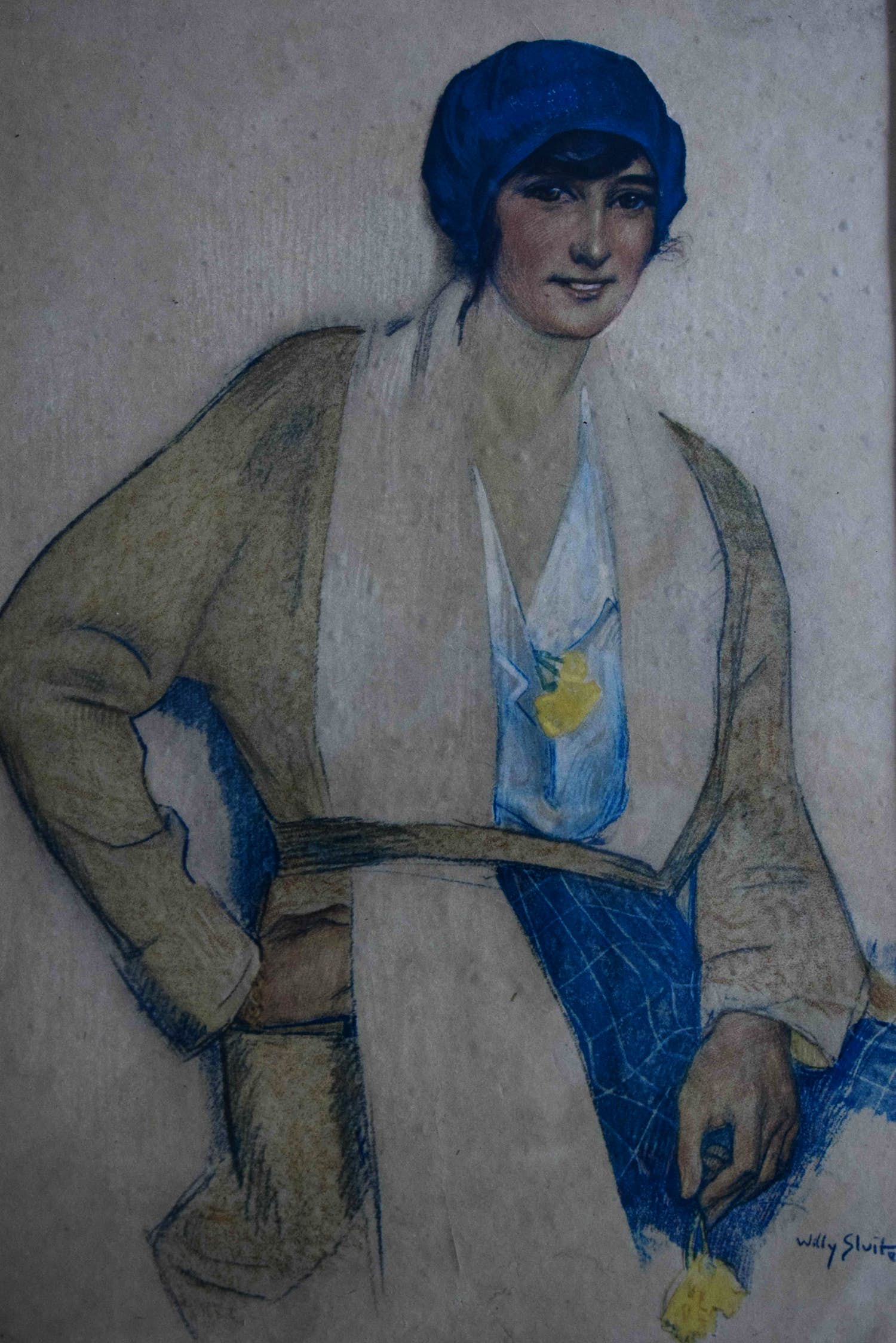 Willy Sluiter - litho - Jonge vrouw met blauw hoedje en gele bloem verkocht voor € 75!