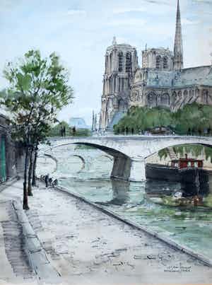 Jan den Hengst - ingelijste aquarel: Notre Dame te Parijs verkocht voor € 125!