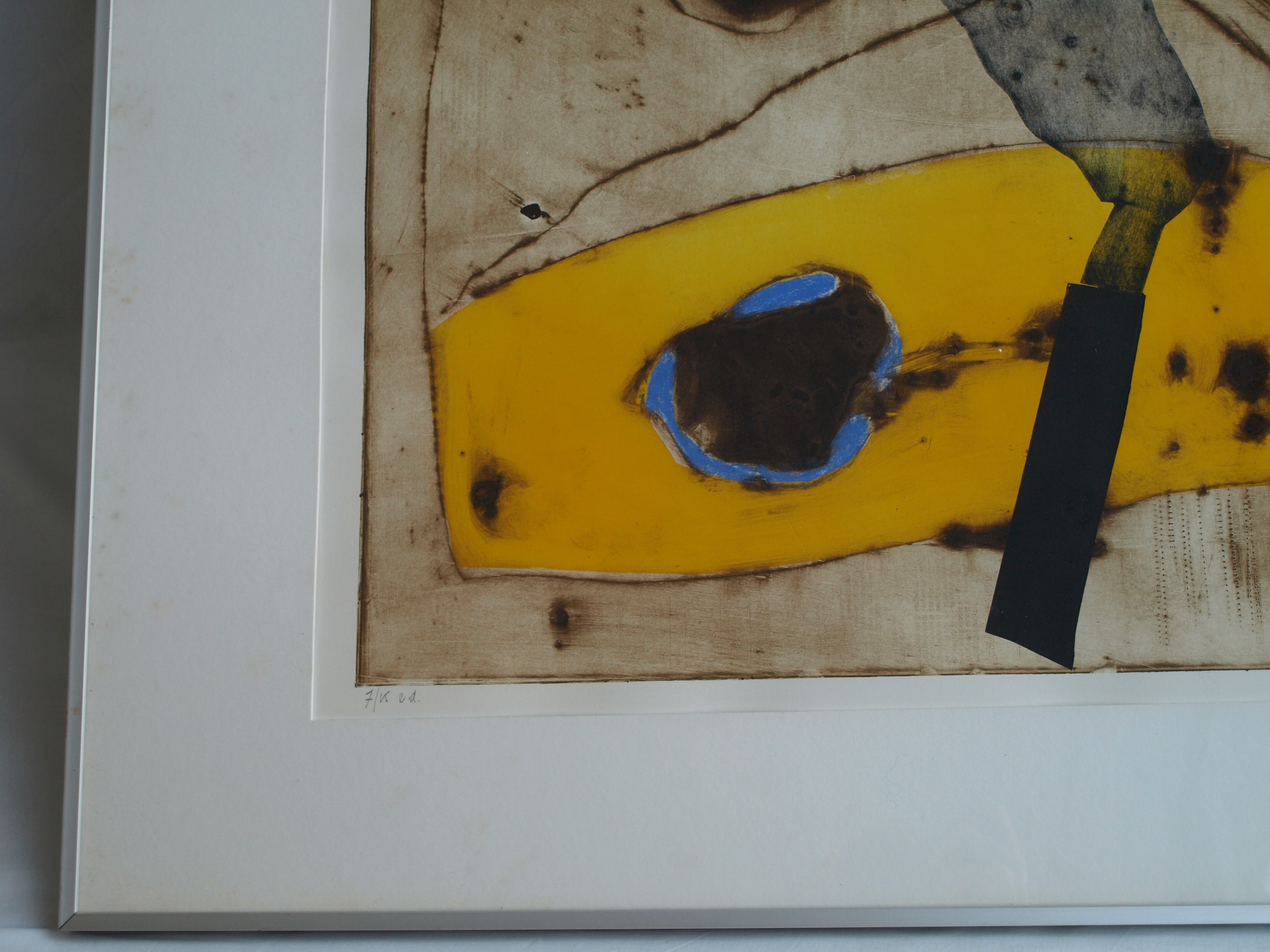 Anneke van der Mandele - Ets , Compositie met Geel - gesigneerd & ingelijst - 1995 kopen? Bied vanaf 45!