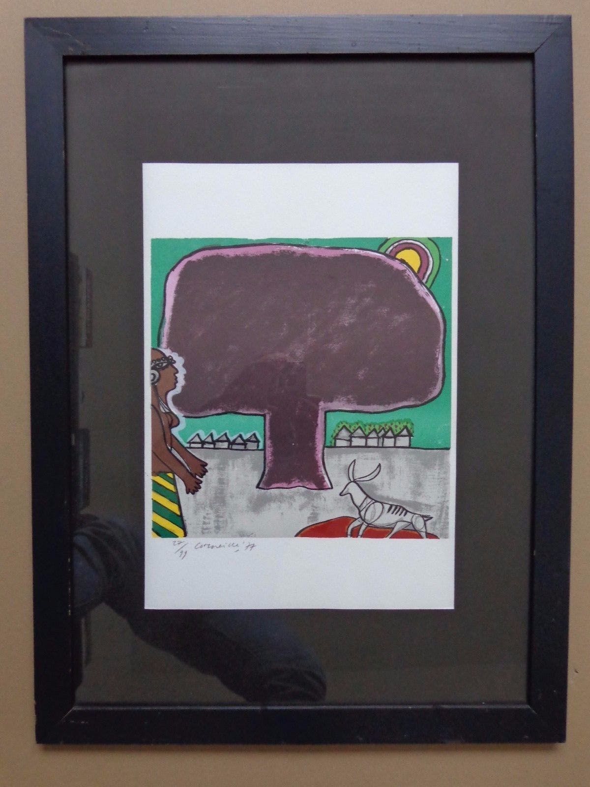 Corneille - GROTE BOOM MET VROUW / KLEURLITHO / 77x57cm / KADER / SIG kopen? Bied vanaf 80!