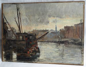 Niet of onleesbaar gesigneerd - Olieverf op doek, verdoekt op board (marouflé) , Havengezicht – Rein Snapper? kopen? Bied vanaf 1!