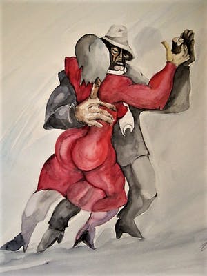 Niet of onleesbaar gesigneerd - Grote gesigneerde Expressionistische Aquarel "Tango" kopen? Bied vanaf 10!