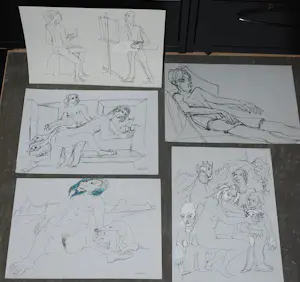 Rob Aussen - 9 inkttekeningen - strandscenes ca. 1983 kopen? Bied vanaf 75!