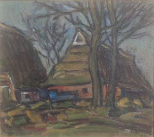 Jan Weinand De Jonge - Expressionistisch landschap met Groningse of Friese boerderijen kopen? Bied vanaf 90!