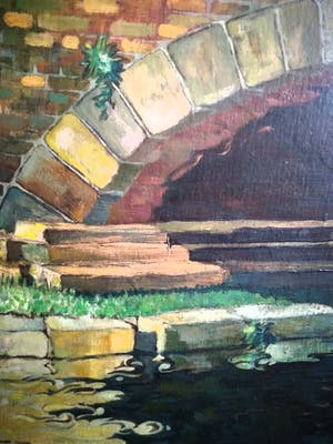 Niet of onleesbaar gesigneerd - 'bridge over calm water', olieverf op houten paneel kopen? Bied vanaf 1!