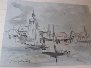 Johan Hendrik van Mastenbroek - Voorstudie Aquarel Dorpje aan het Water kopen? Bied vanaf 500!