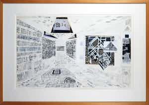 Jan de Bie - Collage, potlood en gouache, Museum - Ingelijst verkocht voor € 180!