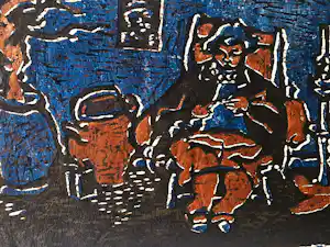 Buy Wim Noordhoek - jaren 60 handgekleurde Linosnede "interieur met breiende vrouw" gesigneerd? Bid from 37!