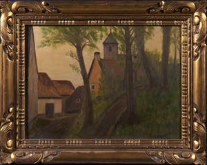 Hubert Coeck - Olieverf op paneel, Weggetje met kerk - Ingelijst kopen? Bied vanaf 1!