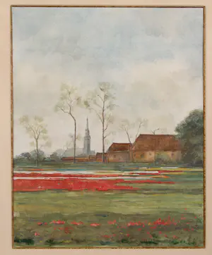 Niet of onleesbaar gesigneerd - Gezicht op een bollenveld met op de achtergrond een boerderij bij een kerk kopen? Bied vanaf 1!