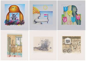 Jorg Reme - e.a: Collectie van zes zeefdrukken: Molen, Vlag, Tulpen, Landschap, Composities kopen? Bied vanaf 19!