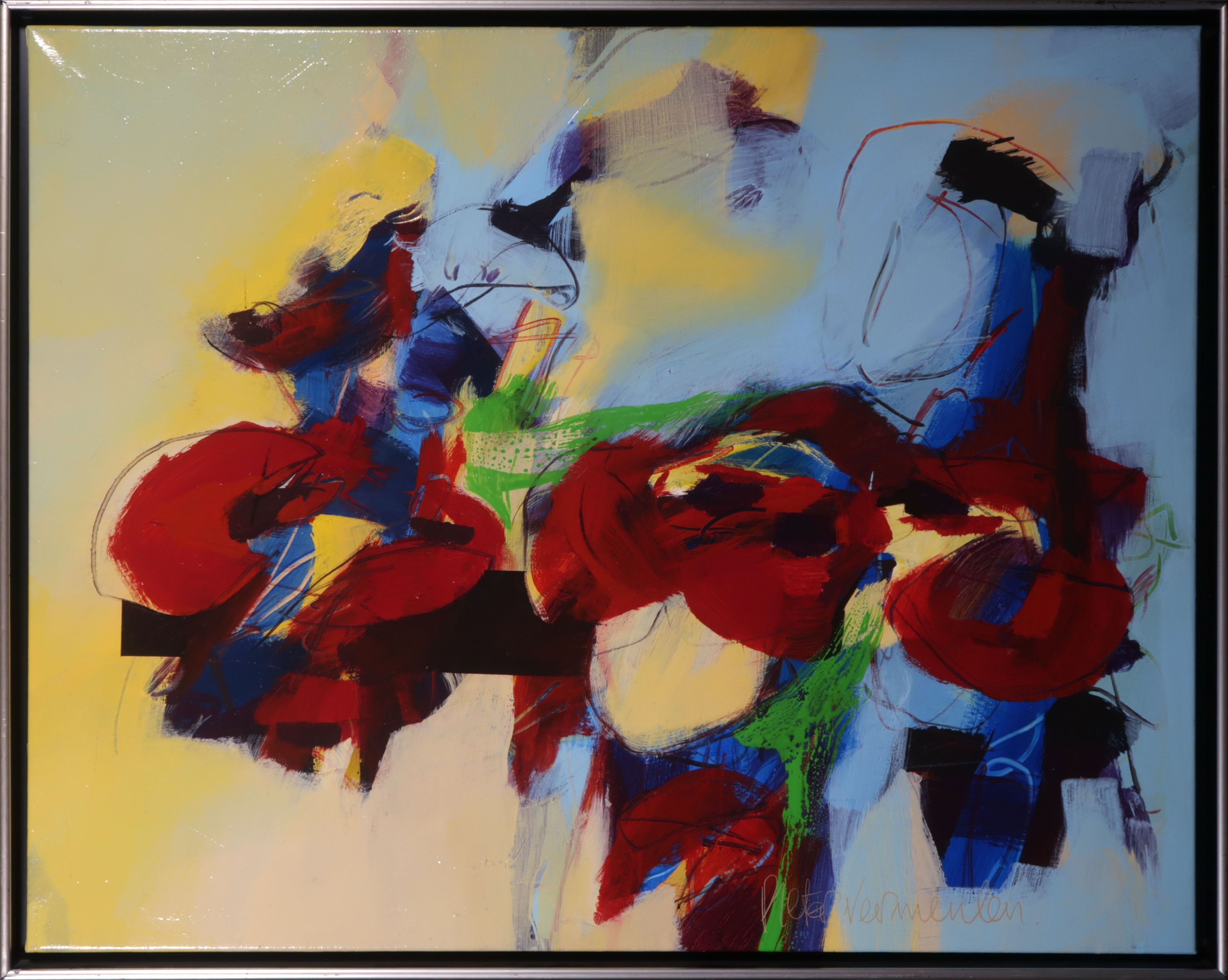 Pieter Vermeulen - Acryl op doek, Door de bomen schijnt het - Ingelijst verkocht voor € 250!