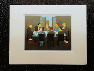 Willy Belinfante - grote Epreuve d'Artiste kleuren ets "vergadering" - met pers. opdracht gesign kopen? Bied vanaf 48!