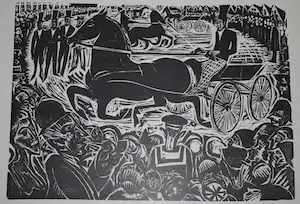 Johan Dijkstra - lot van 2: houtsnede Concours Hippique & ingelijste litho kerk te Noordbroek kopen? Bied vanaf 60!