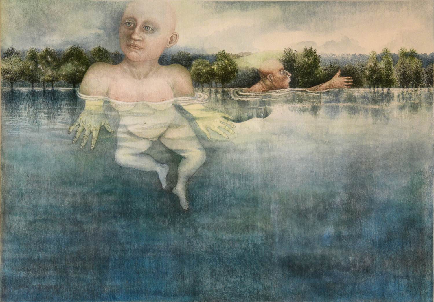 Ank Overweel - 2 zwemmende figuren - Aquarel-1981 verkocht voor € 15!