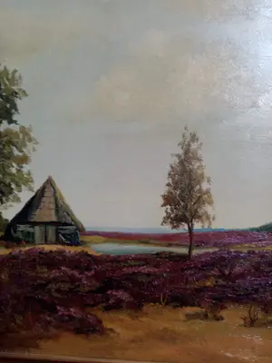 Niet of onleesbaar gesigneerd - Mooi olieverf schilderij van een landschap met een hutje op de hei kopen? Bied vanaf 1!