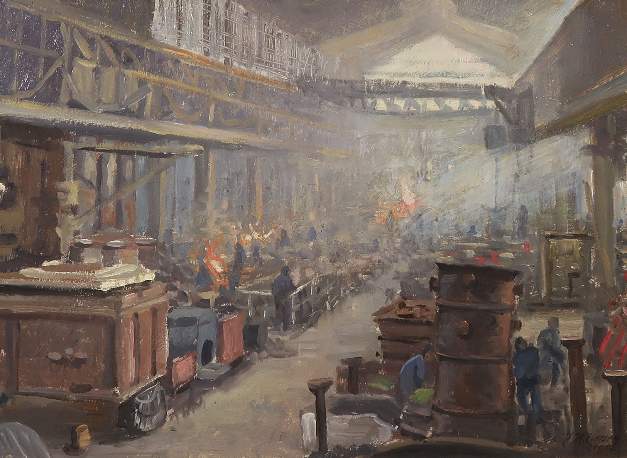 Jan Eversen - Olieverf op paneel, Studie Gieterij Stork Hengelo - Ingelijst kopen? Bied vanaf 300!