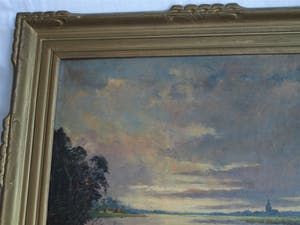 Niet of onleesbaar gesigneerd - Olieverf op doek, Hollands landschap met lucht en water - gesigneerd & ingelijst kopen? Bied vanaf 10!