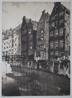 Cornelis Brandenburg - Heldere ets van de O.Z. Achterburgwal Amsterdam kopen? Bied vanaf 70!