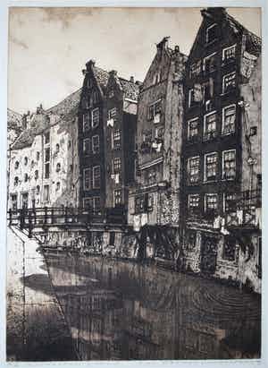 Cornelis Brandenburg - Heldere ets van de O.Z. Achterburgwal Amsterdam verkocht voor € 70!