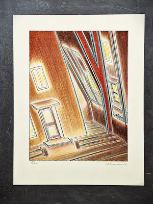 Jeroen Henneman - Groot in 1988 gemaakt kleuren litho "Het atelier in de Vossiusstraat" kopen? Bied vanaf 125!