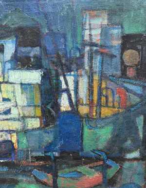 Wim Motz - Olieverf op doek | 'Houthaven van Stolk Rotterdam'| Eind jaren '50 kopen? Bied vanaf 1000!