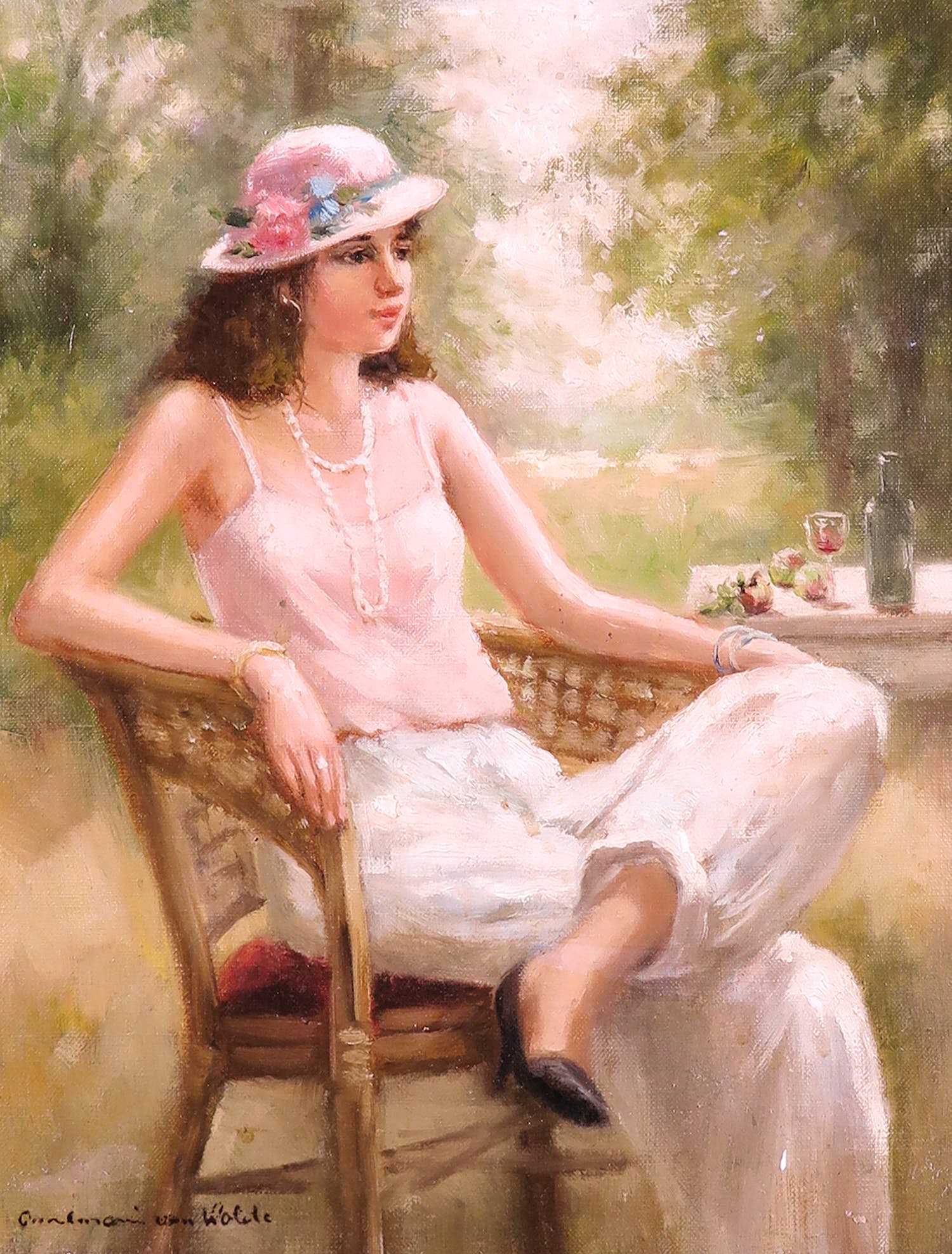 Annemarie van Wolde-Mulder - Olieverf op doek, Jongevrouw zittend in een tuin verkocht voor € 20!