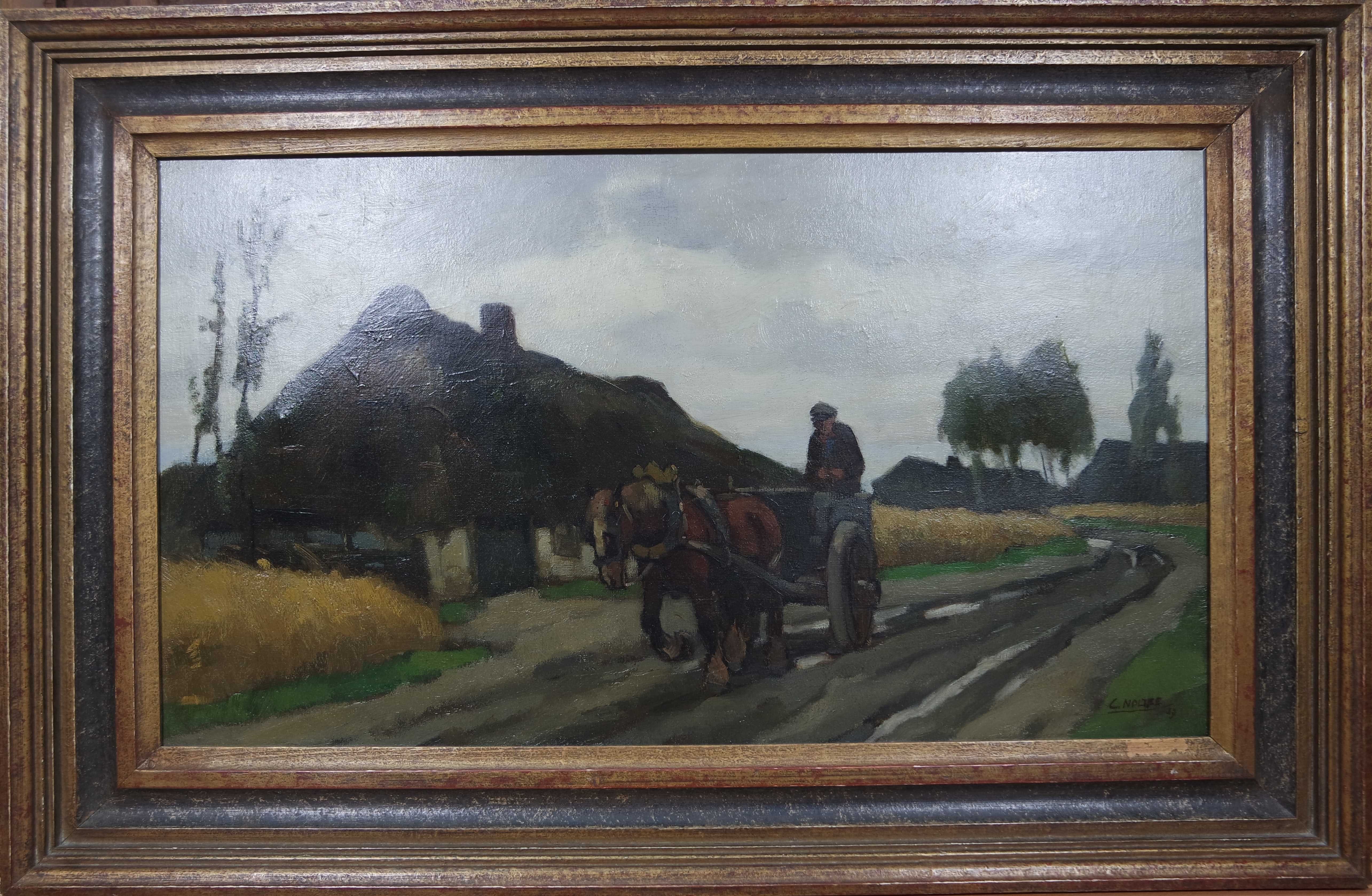Cor Noltee - olieverf op doek - boerderij en boer met paard en wagen kopen? Bied vanaf 725!