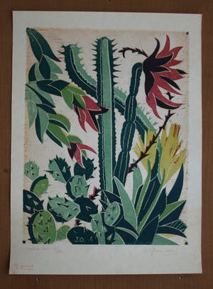 Jeanne Bieruma Oosting - Ingelijste linoleumsnede , ‘Exotische tuin’ – 1957 kopen? Bied vanaf 75!