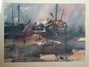 Jan Velthuis - Jan Velthuis: Aquarel, Drooggevallen schepen op het wad - Ingelijst kopen? Bied vanaf 175!