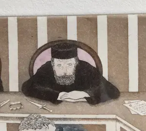 Bernd Hauck - Ingekleurde grappige ets, man voor rechter, gesigneerd, gelijst kopen? Bied vanaf 45!