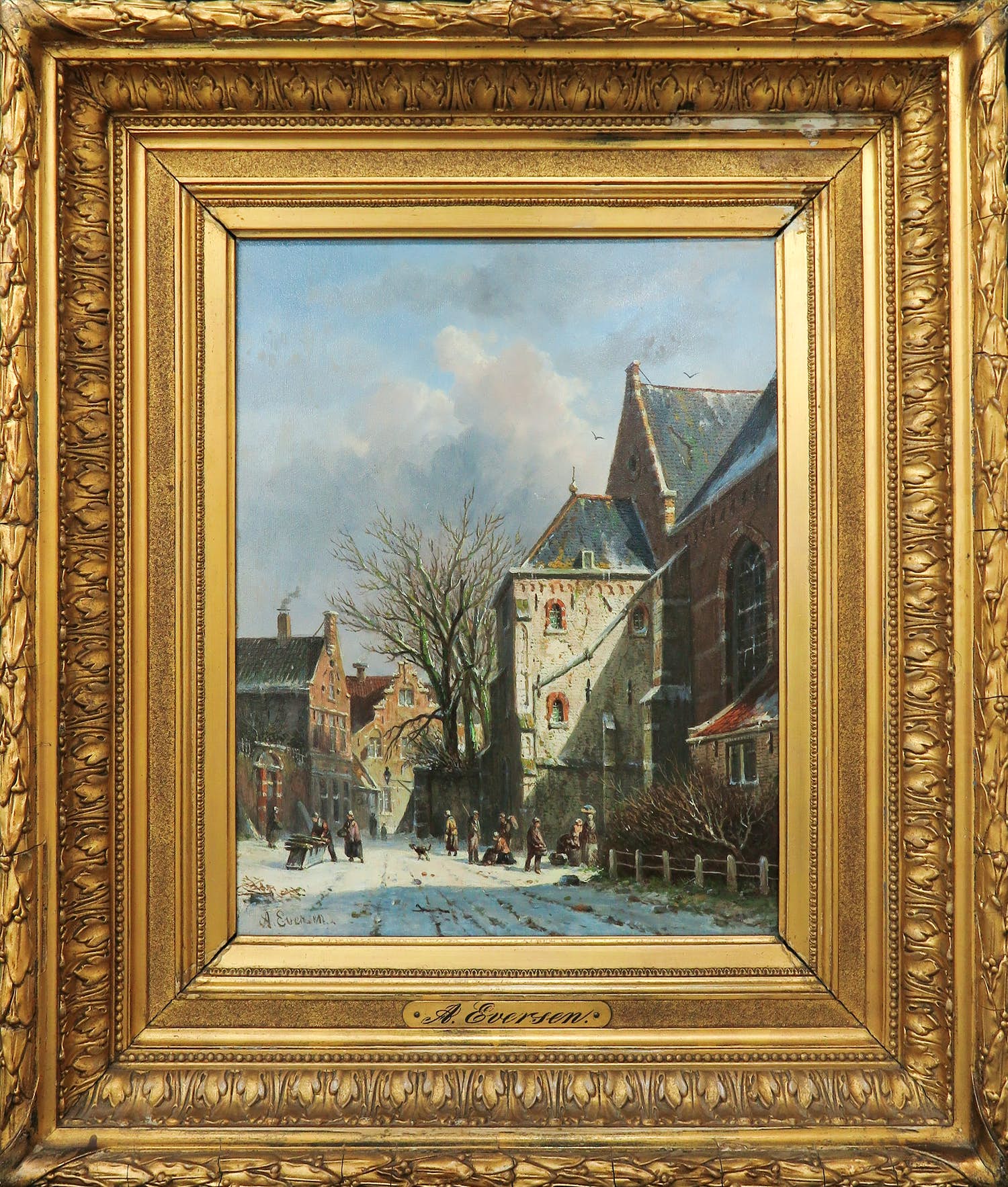 Adrianus Eversen - Olieverf op paneel, Winterse straatscène - Ingelijst verkocht voor € 5000!