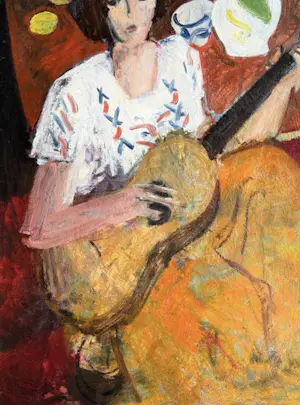 Rene Mels - Frau mit Gitarre – Großes und wunderschönes ausdrucksstarkes Gemälde kopen? Bied vanaf 800!