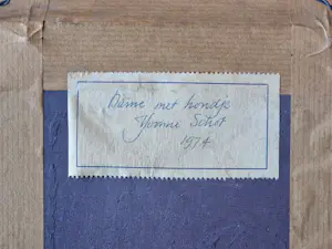 Yvonne Schot - Fraai realistisch olieverf "vrouw met hondje" expositie galerie Lieve Hemel 1974 kopen? Bied vanaf 78!