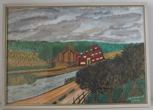 Leo Neervoort - Boerderij aan rivier. Naïeve schilder. kopen? Bied vanaf 10!