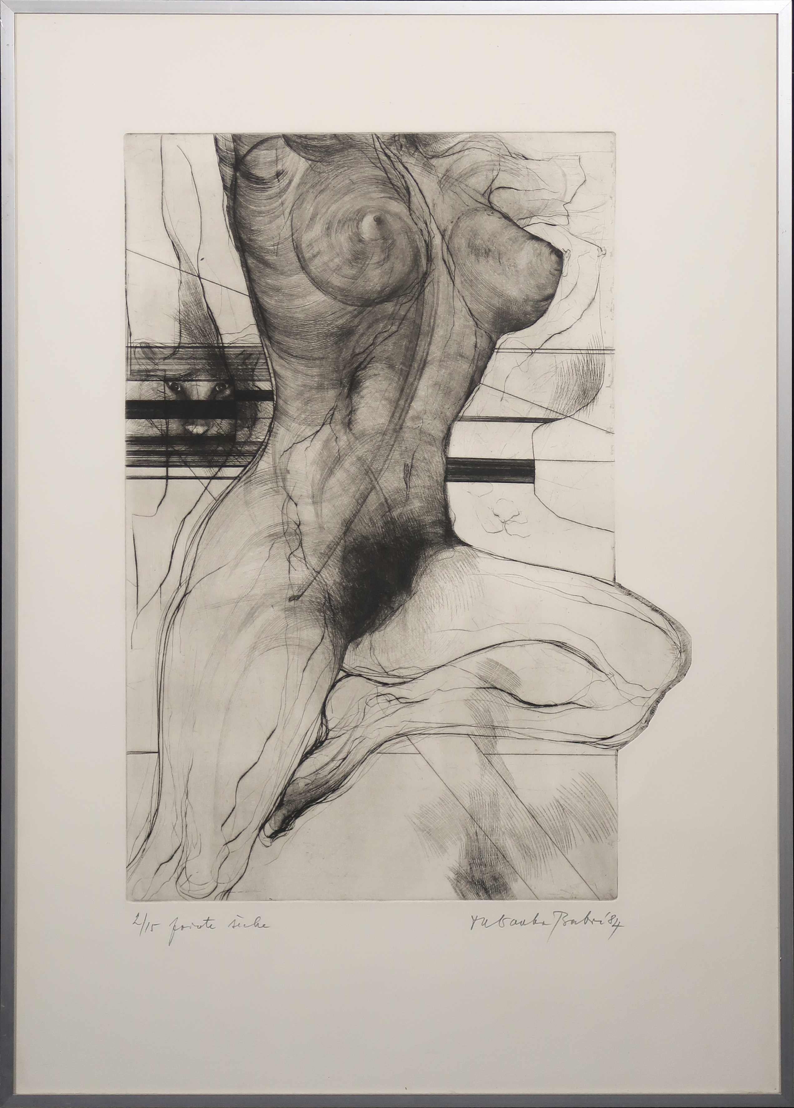 Niet of onleesbaar gesigneerd - Ets, Vrouwelijk naakt - Ingelijst verkocht voor € 1!